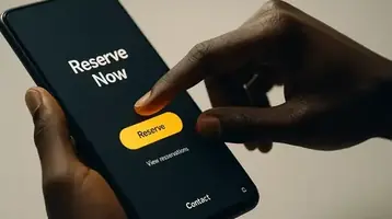 A hand tapping a book-now button on a mobile screen