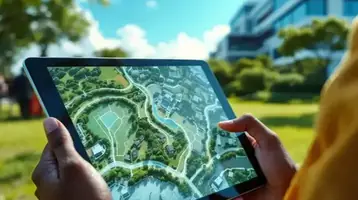 A developer reviewing drone footage of a real estate plot